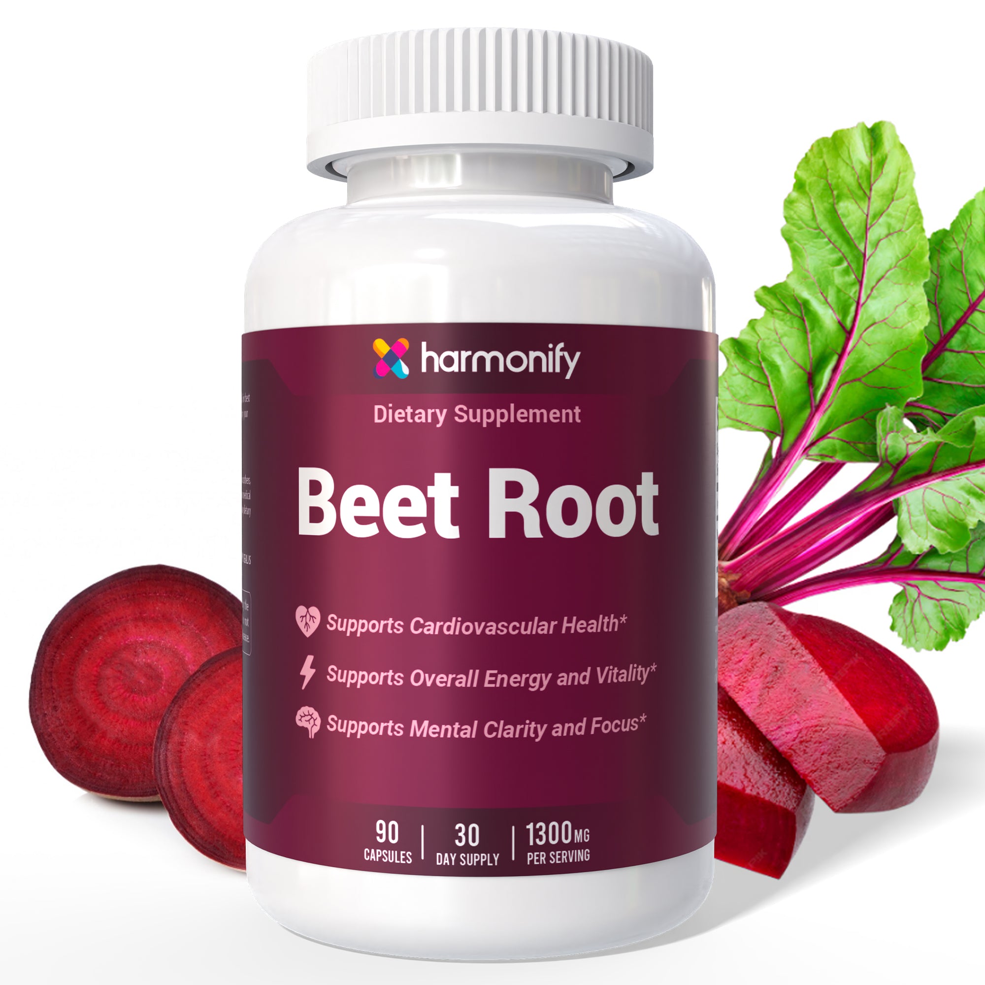 HARMONIFY Beet Root Capsules – 1300mg per Serving – 90 Capsules | 30-Day Supply | Supports Cardiovascular Health, Energy & Mental Clarity | Made in USA